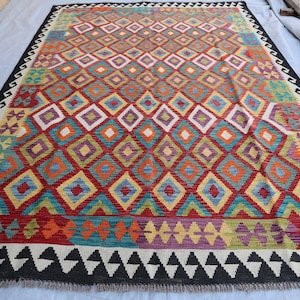 6x8 Kilim Rug / Red Blue Afghan Authentic Geometric Kilim Rug / Natural dyes Wool Rug / Rugs for Living Room / Bedroom / Dining Table Carpet