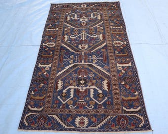 Afghan Balochi Rug 3'6x6'4 Ft Handmade Area Rug, Oriental Rug, Turkmen Hand Knotted Rug, Balochi Rug, Living Room Rug, Navy Blue Vintage Rug