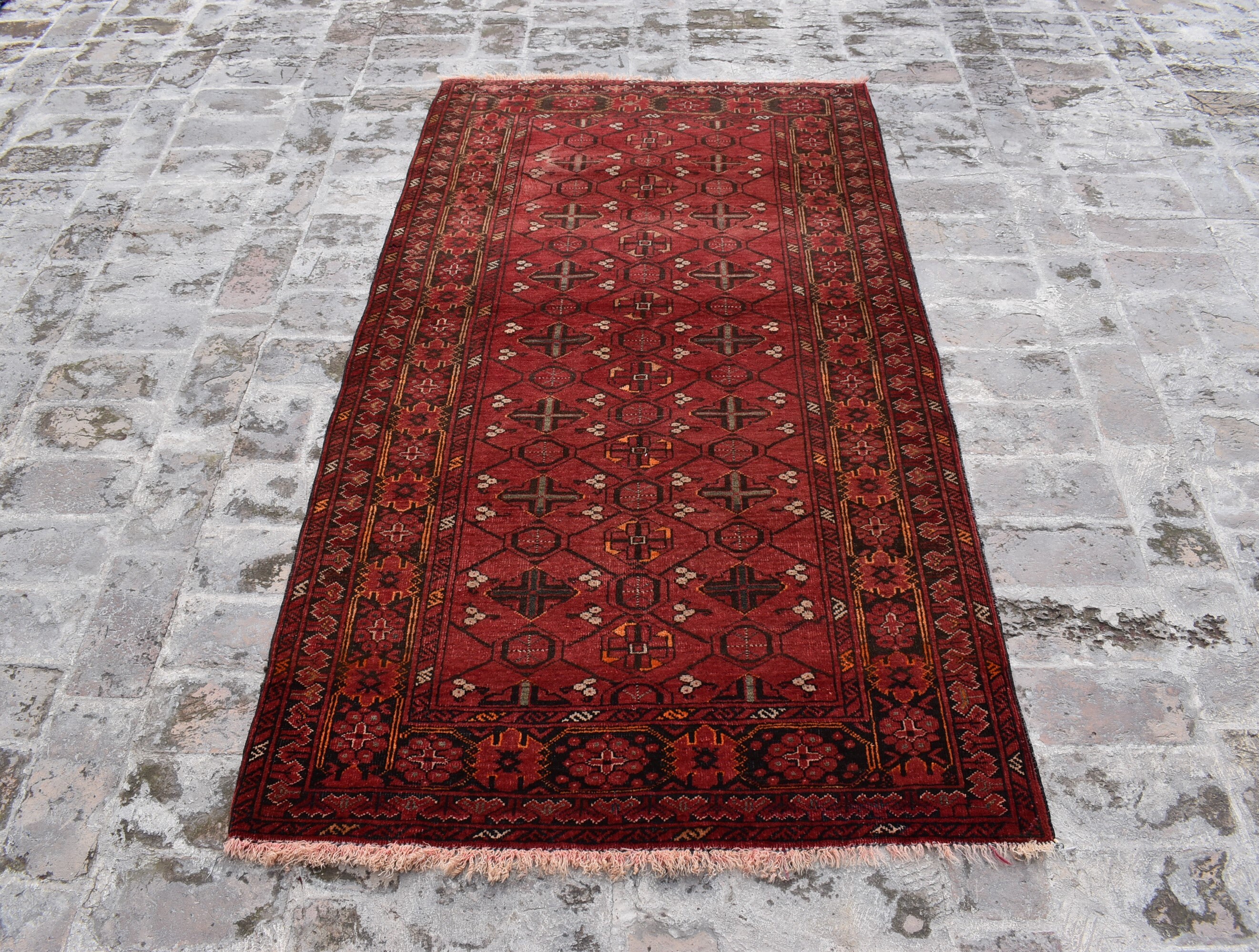Vintage Afghan Bokhara Rug 3'6x6'3 ft Antique Turkmen Bashiri Rug, Red Oriental Rug, Afghan Mory Rug, Living Room Carpet, Bedroom Office Rug