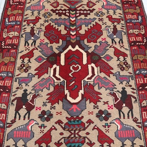 One Of A Kind Pictorial Art Deco Rug, 4&#39;2x6&#39;5 ft Vintage Oriental Pictorial Animal Birds rug, Home Deco, Wall hanging Rug, Kids Room Rug 4x7