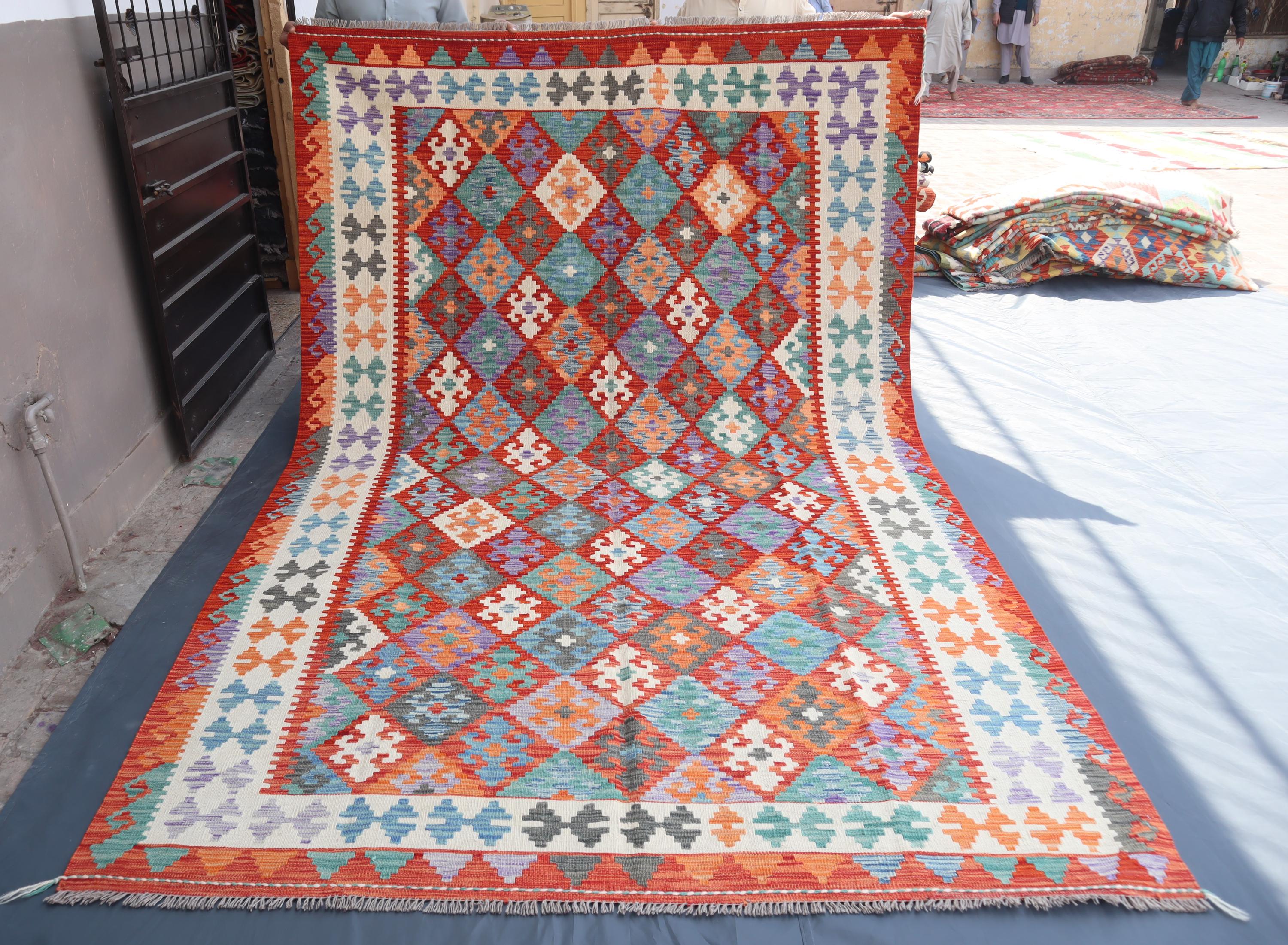 7x10 ft Geometric Kilim Rug, Afghan Handmade Flatweave Area Rug, Turkmen Handwoven Rug, Geometrical Design Rug, Reversible Rug, Bedroom Rug