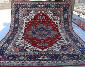 FLASH SALE - Highly Collectible Afghan Rug 9x10 ft Red Blue, Hand-Knotted Turkoman Geometric 9'x6'7" Tribal Caucasian Area Rug, Large Carpet