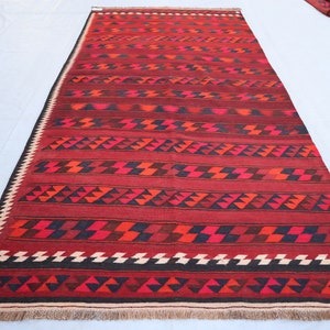 5x10 Ft Geometrical Vintage Large Kilim Rug, Red Black Blue Rug, Hand-Knotted Natural Vege Wool Kilim Rug, Antique Rug, Rug For Living Room
