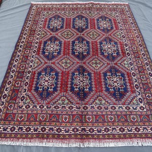 Navy Red Bokhara Rug 5&#39;0x6&#39;8 ft Tribal Turkmen Handmade Wool Rug, Afghan Rug, Boho Bohemian Rug, Living Room Rug, Kitchen Rug, Bedroom Rugs