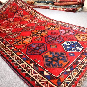 Red Antique Rug, 4&#39;8x8&#39;7 Afghan Handmade Veg dyes Wool Area Rug, Vintage Caucasian Rug, Turkmen Tribal Rug, Boho Medallion Geometric Carpet
