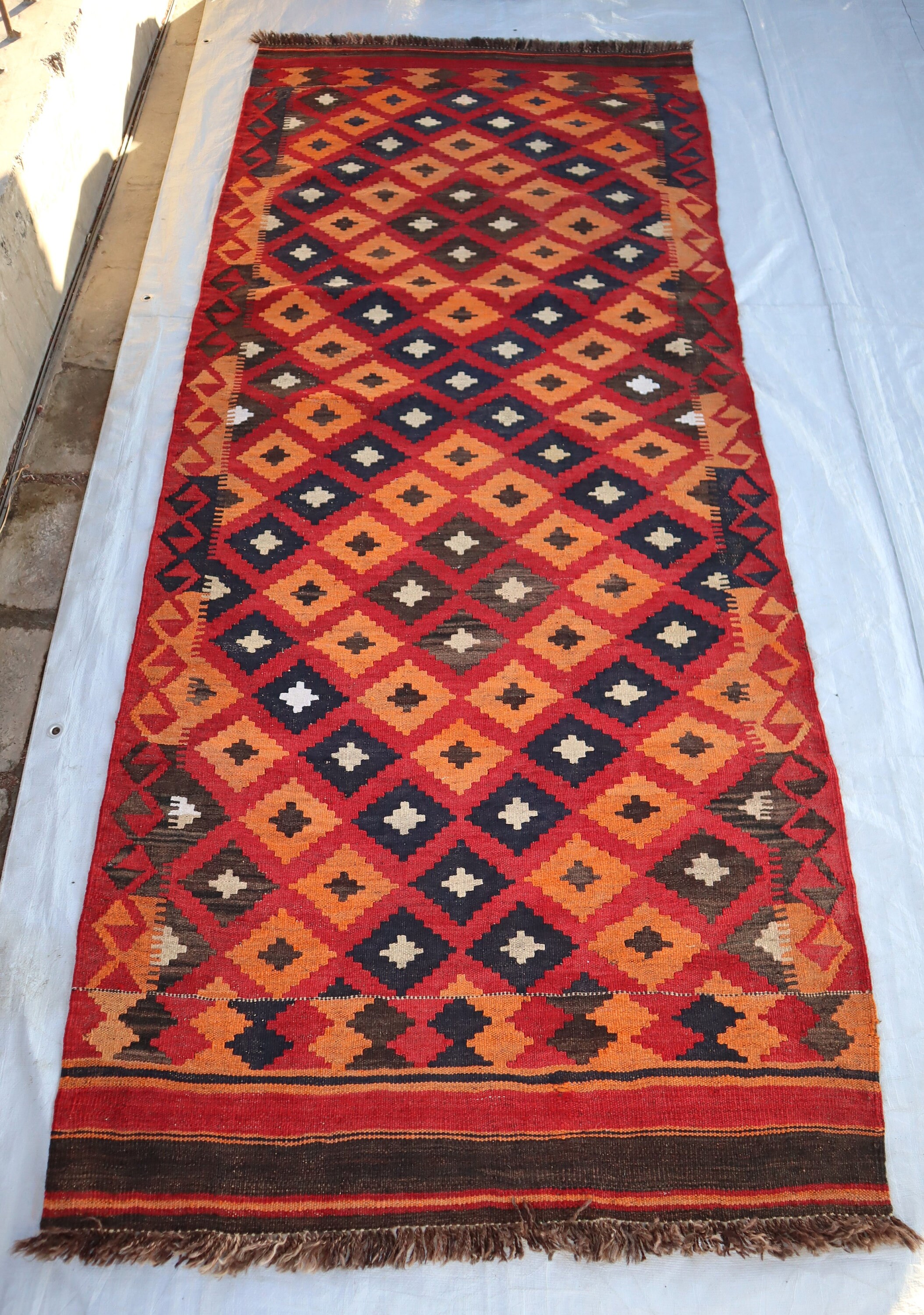 1940年代アンティークアフガニスタンテラコッタキリムラグ3x8'5本物の