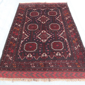 Tribal Vintage Baloch Area Rug, 4&#39;4x6&#39;4 Ft Afghan Antique Sarique rug, Oriental Turkmen Tribal Wool Rug, Antique Afghan rug, Bedroom Decor