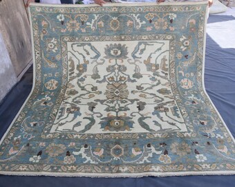 Tappeto quadrato vintage, 7 x 7 piedi - Tappeto afgano in lana annodata a mano con tintura vegetale, 6,10 x 7,4 cm, tappeto orientale turkmeno Oushak, tappeto tribale Bukhara, tappeto da camera da letto