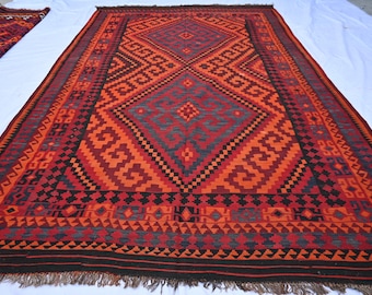8 x 14 ft Afghaans tapijt, groot vintage ghalmoori-kelimtapijt, handgemaakt wollen platgeweven kelimtapijt, geometrisch rood tapijt, oosters Turkmeens kelimtapijt