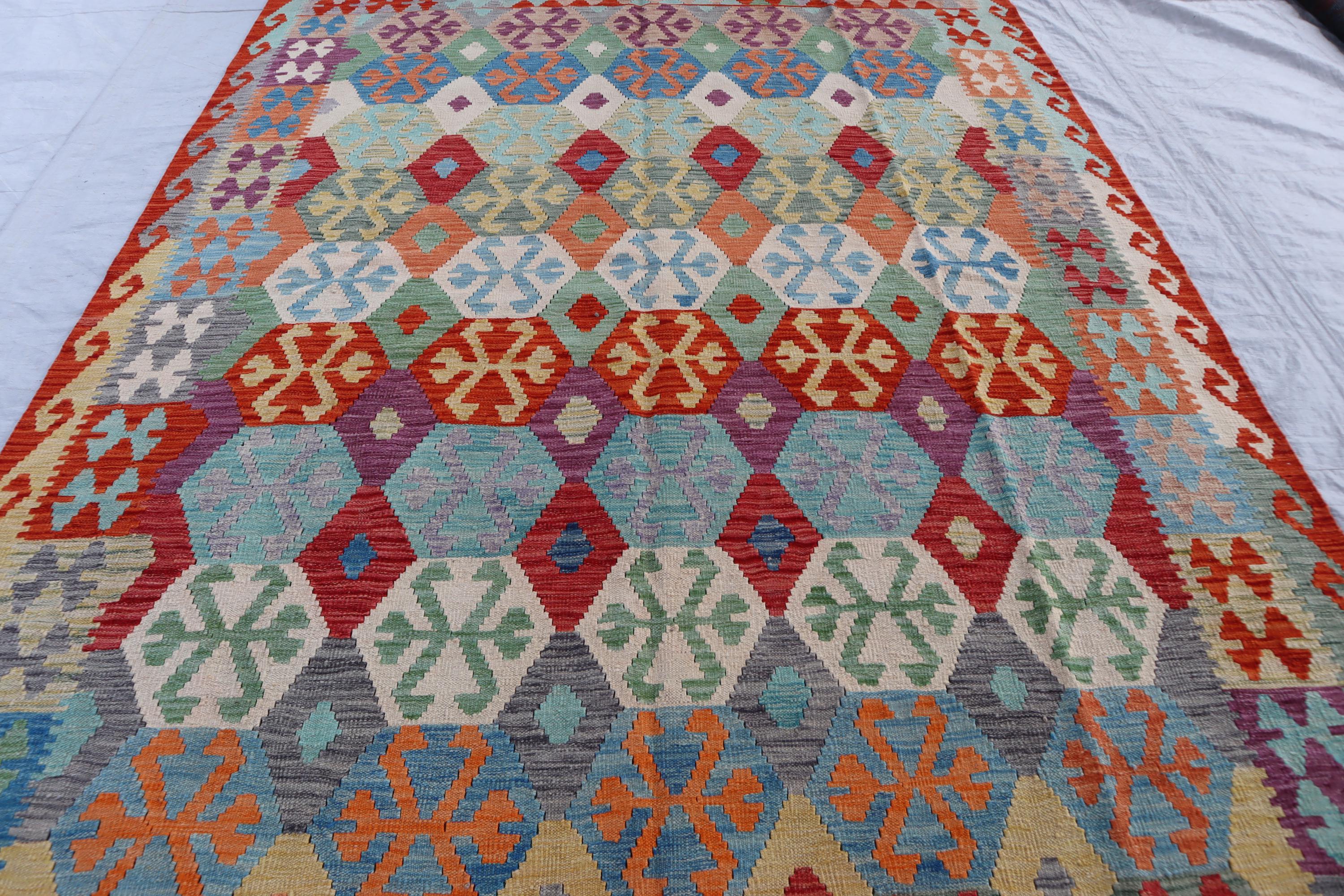 7x9'6フィートの大型アフガニスタンキリムラグ - ライトブルーの平織り