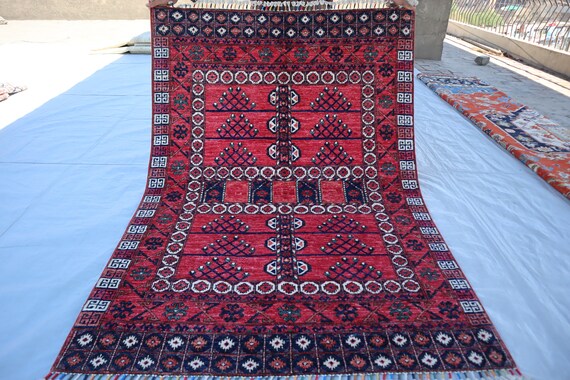 トルクメン アフガニスタン レッド ラグ/サイズ: 52x160cm... k5 4 x 6フィートのハンドメイドヴィンテージ風ラグ、アフガニスタン