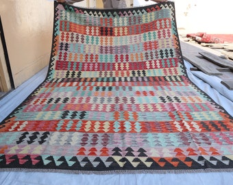 7x10 Ft Kilim Area Rug, Handwoven Wool Rug, Handmade Kilim Chobi Rug, Motifs Oriental Traditional Geometric Turkish Home decor, Bedroom Rug
