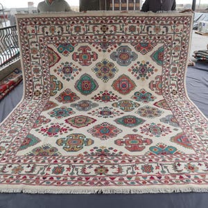 Kazak Area Rug 8&#39;5x10&#39;2 ft Afghan Hand Knotted Natural Veg dyes Wool Rug - Turkmen Tribal Geometric Rug - 257x310 cm Rug for Bedroom, Office
