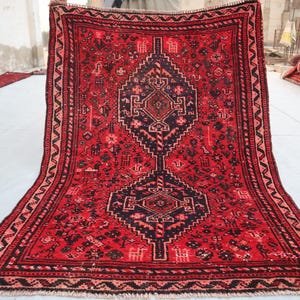 Caucasian Area Rug 3&#39;7x5 ft, Antique Turkmen Tribal Rug, Handmade Low Pile Faded Wool Rug, Oriental Afghan Geometric Rug, Red Bedroom Carpet
