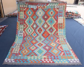 5x7 Geometric Kilim Area Rug, Flatweave Turkmen Handmade Chobi Kilim Rug 6x8 For Living Room, Natural Veg Dye Afghan Oriental Wool Kilim Rug
