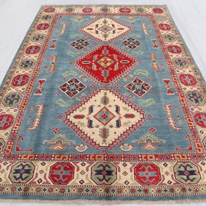 10&#39;1x6&#39;7 Ft Stunning Blue Kazak Area Rug, 300x200 Cm Rug, Handmade Rug, Wool Rug, Vegetable Dyes Rug-Geometric Oriental Kazak Rug Blue 7x10