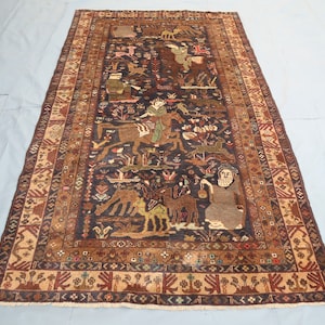 Antique Pictorial Rug 5x9 ft, Afghan Vintage Pictorial Rug, Horse Riding Hunting Scene Rug, Turkmen Handmade Wool Rug, Farmhouse Decor Rug
