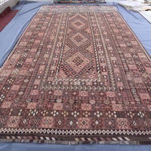 Large Kilim Area Rug 7&#39;8x14&#39;10 ft, Terracotta Tribal Turkmen Tribal Rug, Bohemian Rug, Faded Antique Kilim Rug, Bedroom Rug, Living Room Rug