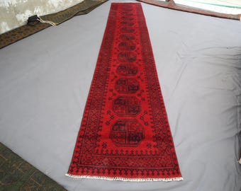 16 ft Extra Long Runner Rug, Red Afghan Traditional Handmade Rug, Vintage Wool Rug, Oriental Rug, Turkmen Tribal Bukhara Rug, Hallway Runner