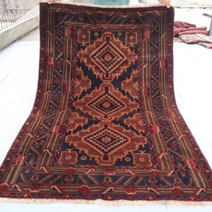 Antique Baluch Rug, 4&#39;4x6&#39;7 ft Red Hand Knotted Wool Rug | Tribal Geometric Carpet Oriental Bohemian Decor, High Quality Afghan Kitchen Rug