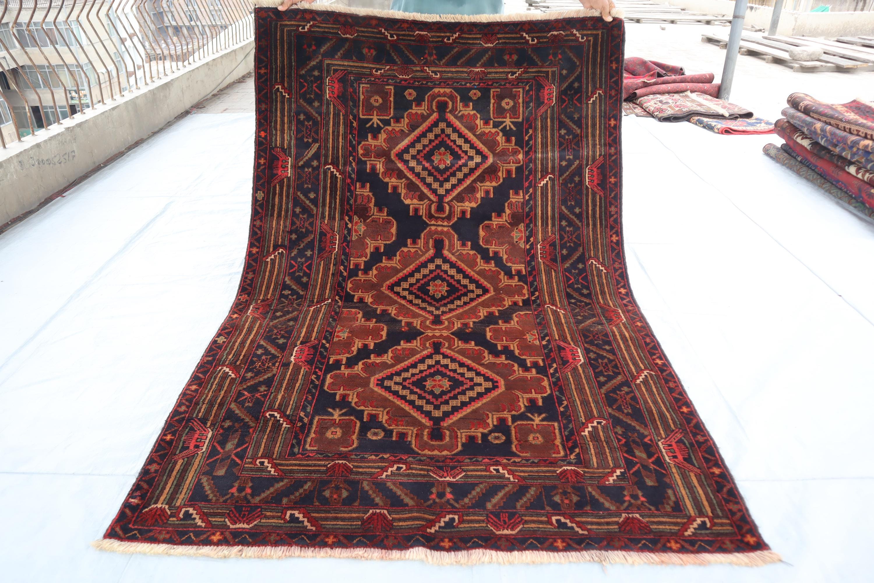 Antique Baluch Rug, 4'4x6'7 Ft Red Hand Knotted Wool Rug | Tribal
