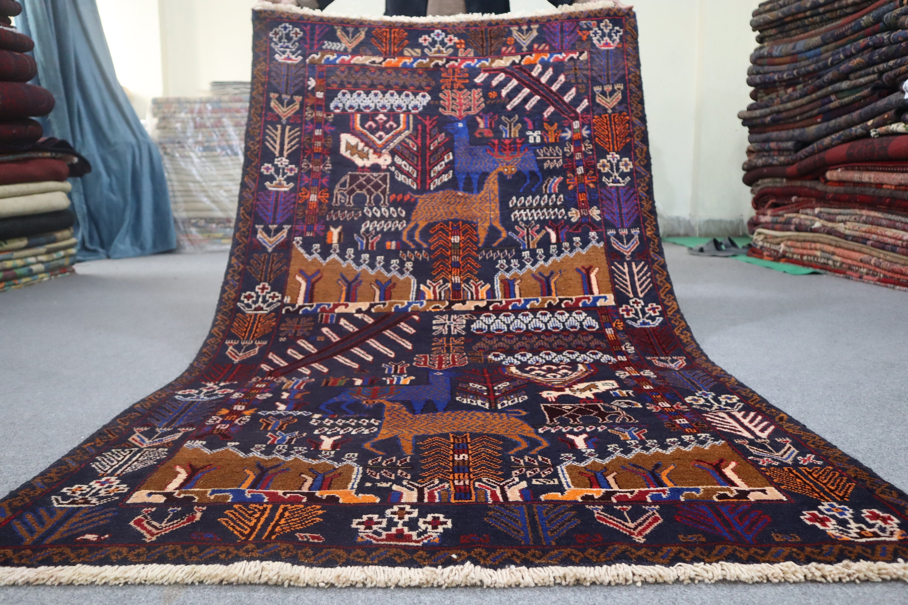 Turkmen Patterns Antique Pattern Pictorial Rug, 4x7 Ft Tribal Vintage Turkmen Hand ...
