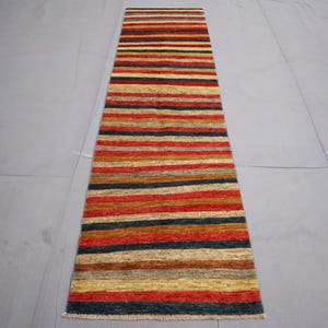 3x10 ft Colorful Stripe Gabbeh Rug - Afghan Hand-Knotted Veg Dyes Wool Rug - Turkmen Tribal Rug - Long Runner Rug - 2'7 x 9'8 ft Hallway Rug