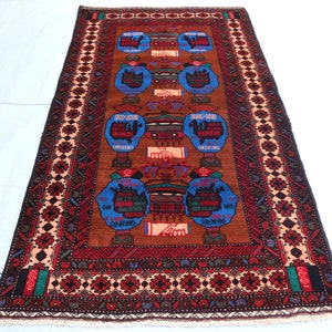 4x7 One of a Kind Pictorial Area Rug, Afghan Handmade Area Rug, Ethnic Turkmen Baluchi Rug, Oriental Geometric Rug, Bedroom Kitchen Area Rug