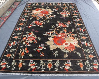 Handgeknüpfter afghanischer Wollteppich in Schwarz Blau Rot, Handgeknüpfter Teppich mit Blumenmuster, Handgeknüpfter Teppich für Kinderzimmer