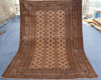 Tappeto vintage in terracotta 4x5'5 piedi, tappeto in lana annodato a mano, tappeto geometrico afgano, tappeto vintage sbiadito, tappeto turkmeno Bokhara, arredamento per la casa
