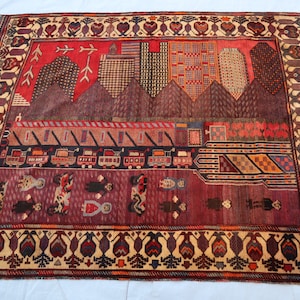 Antiek schildertapijt, 6,6 x 4,11 vintage handgemaakt tapijt, Turkmeens wandkleed, interieurtapijt, woonkamertapijt, entree kindertapijten 5 x 7