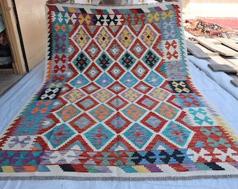 5&#39;10 x 8&#39;2 Ft, Brand New Geometric Red Blue Kilim Rug, Handmade Flatweave Area Rug, Geometric Turkmen Vegi Kilim Rug, Kilim, Rug For Bedroom