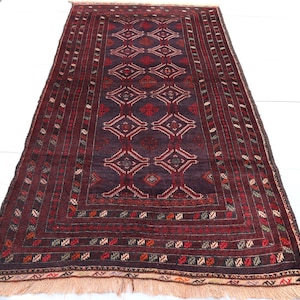 5x9 ft Antique Geometric Rug, Red Black Vintage Afghan Hand Knotted Soft Pile Wool Area Rug, Living Room Rug, One of a kind Caucasian Carpet