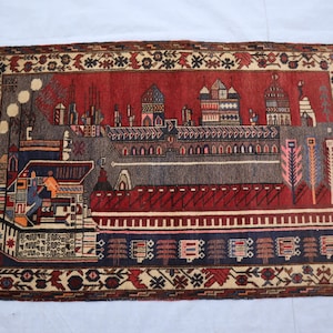 3'0''x4'9'' ft, tapis carte du monde, décoration de la maison, tapis turkmène antique, tapis illustré, tenture murale, tapis de construction de ville vintage noué à la main