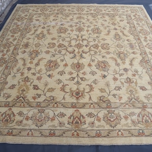 7&#39;10x8&#39;5 ft Large Square Area Rug - Beige Afghan hand Knotted Wool Rug - Tribal Turkmen Rug - Natural Veg Dyes Wool Rug- Collector Piece Rug