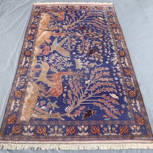 Navy Blue Pictorial Rug, 4&#39;3x6&#39;9 ft, Afghan Hand Knotted Soft Wool Rug, Tree of Life Design Rug, Hunting Scene Rug, Birds Deer Tree Carpet