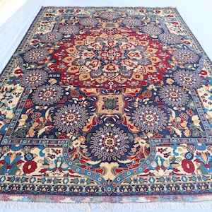 8&#39;4x12&#39;3 ft Large Afghan Blue oriental Rug, Handmade Soft Wool Turkish Design Rug, Collector Piece, Turkmen Tribal Rug, Rug For Living Room