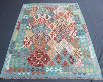 Blue 5'3x6'7 Ft Flatweave Kilim Rug, Afghan Handmade Wool Rug, Turkmen Kelim Rug, Tribal Somak Kilim Rug, Modern Afghan Rug, Boho Kilim Rug