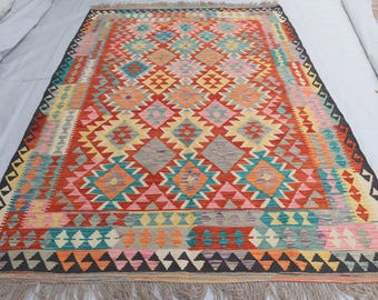 5&#39;10x8&#39;3, Turkmen Pattern Afghan Wool Kilim Rug, Flatweave Tribal Turkmen Handmade Kilim Rug, Modern Kilim Rug-Anatolian Turkish Kilim Rug