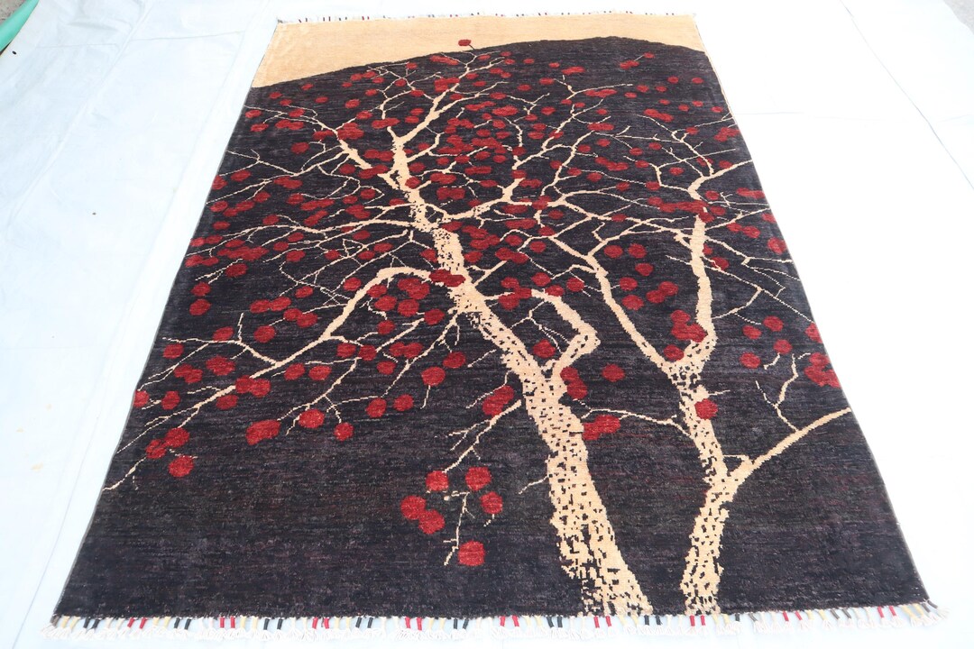 Black Tree Rug Black Tree of Life Pictorial Rug 5x7 Ft Afghan Handmade Wool Rug/ One ...