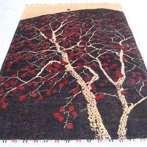 Black Tree of Life Pictorial Rug 5x7 ft Afghan Handmade Wool Rug/ One of a kind Pictorial Rug/ farmhouse Art deco Rug/ Rugs For Living Room