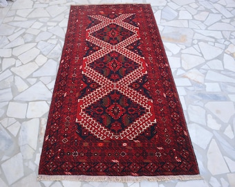 3.4 x 6.7 Ft Antique Red Rusty Turkmen Mori Handmade Wool Vintage Oriental Bukhara Rug, Kitchen Rug 4x6, Rug For Bedroom-Rug for Living Room
