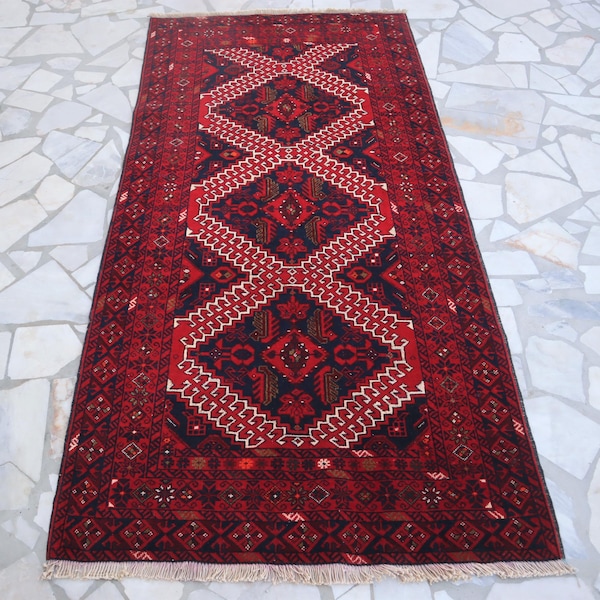 3.4 x 6.7 Ft Antique Red Rusty Turkmen Mori Handmade Wool Vintage Oriental Bukhara Rug, Kitchen Rug 4x6, Rug For Bedroom-Rug for Living Room