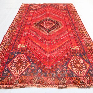 Collectors piece 5&#39;6x8&#39;11 ft Red Antique Caucasian Handmade Low pile Distressed Wool Area Rugs, Afghan Tribal Vintage Oriental Geometric Rug