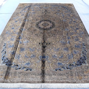Oriental Silk Floral Rug- 7x10 ft Afghan Hand Knotted Gray Silk Wool Rug- Turkmen Tribal Oriental Rug- Chinese Design Home Decoration Rugs