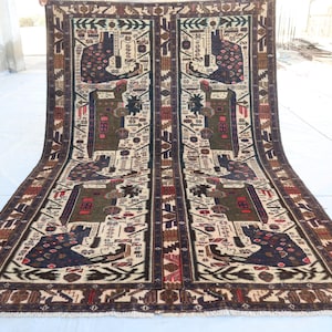 Antique Pictorial Area Rug 4x6 Ft Turkomon Tribal Rug, Handmade Wool Rug, Pictorial Rug, Collector&#39;s Piece Rug, Kids Room Rug, Bohemian Rug