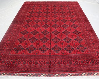 10x13 ft Large Palace Size Afghan Area Rug, Large Afghan Bokhara Rug, Geometric Turkmen Tribal Rug, Dining Table Rug, Rugs For Bedroom 10x13
