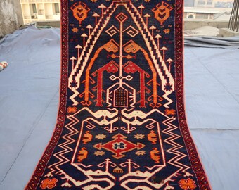 2'8x4'6 Ft Afghan Vintage Baluchi Rug- 100% Handmade Wool Geometric Area Rug- Oriental Turkmen Rug-Navy Blue Red Rug, Tribal Antique Carpet
