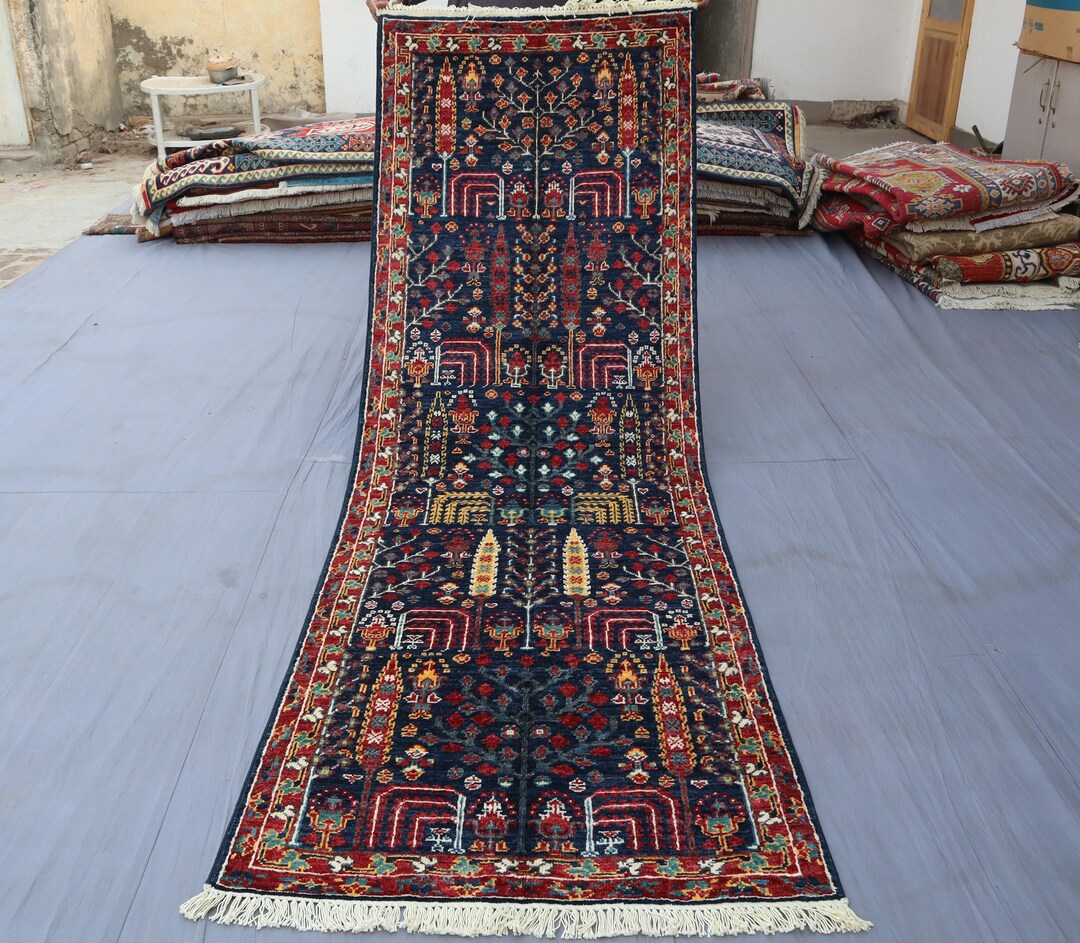 Navy Blue Bidjar Rug 3x8 Ft Tree of Life Runner, Hand Knotted 100% Wool ...