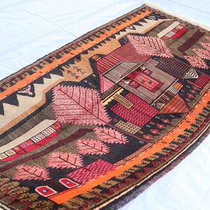 4x7 Vintage Pictorial rug- Afghan Balochi Handmade Wool Rug- City House Art décor Rug- Oriental Turkmen Rug- Kids Room Wall Hanging Carpet